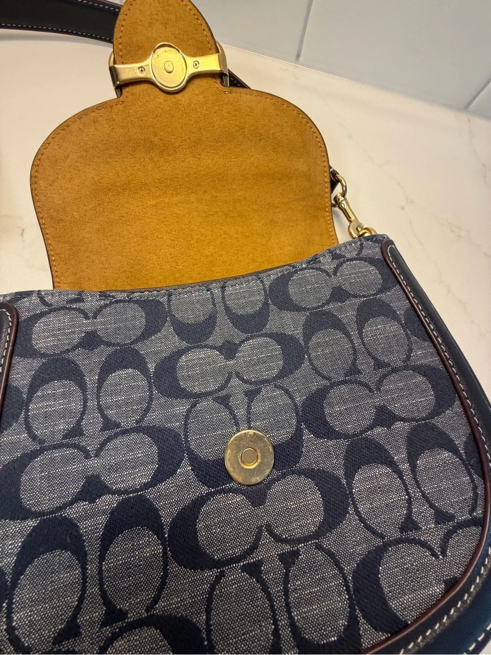 Coach Navy Signature Saddle Crossbody with Gold Hardware